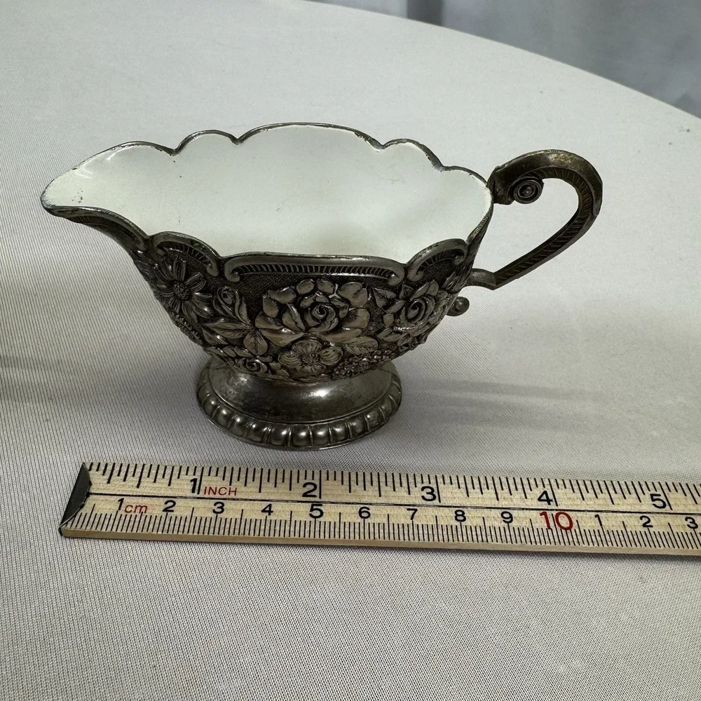 Silver Plated Creamer & Sugar‎ Bowl White Enamel Interior Roses Floral Japan